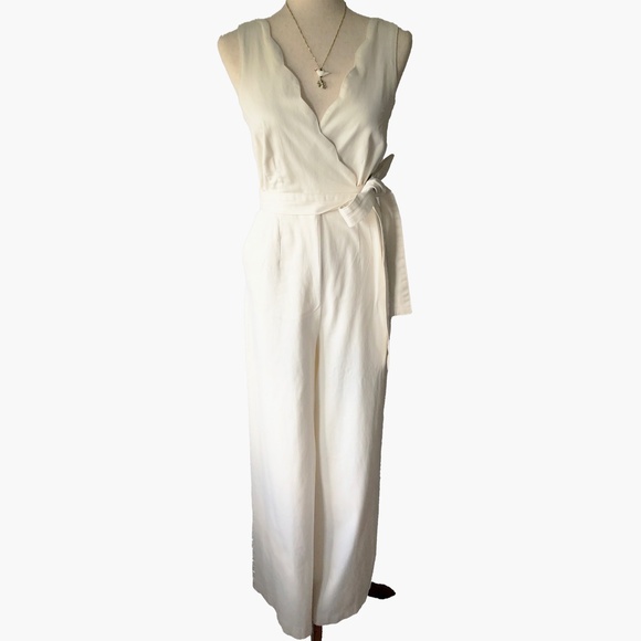 NWOT CHINO by ANTHRO white wide leg palazzo jumpsuit w/ scalloped v neck wrap 6 - Picture 8 of 10